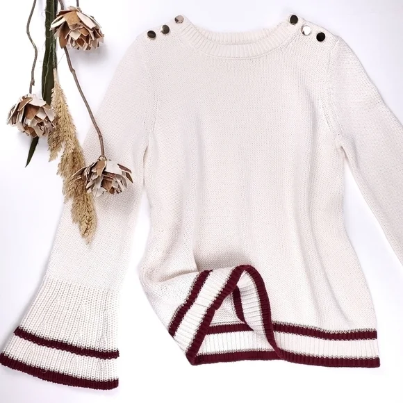 New Loft Cream Red Trim Gold Button Bell Sleeve Sweater Sz Xs - Picture 3 of 14